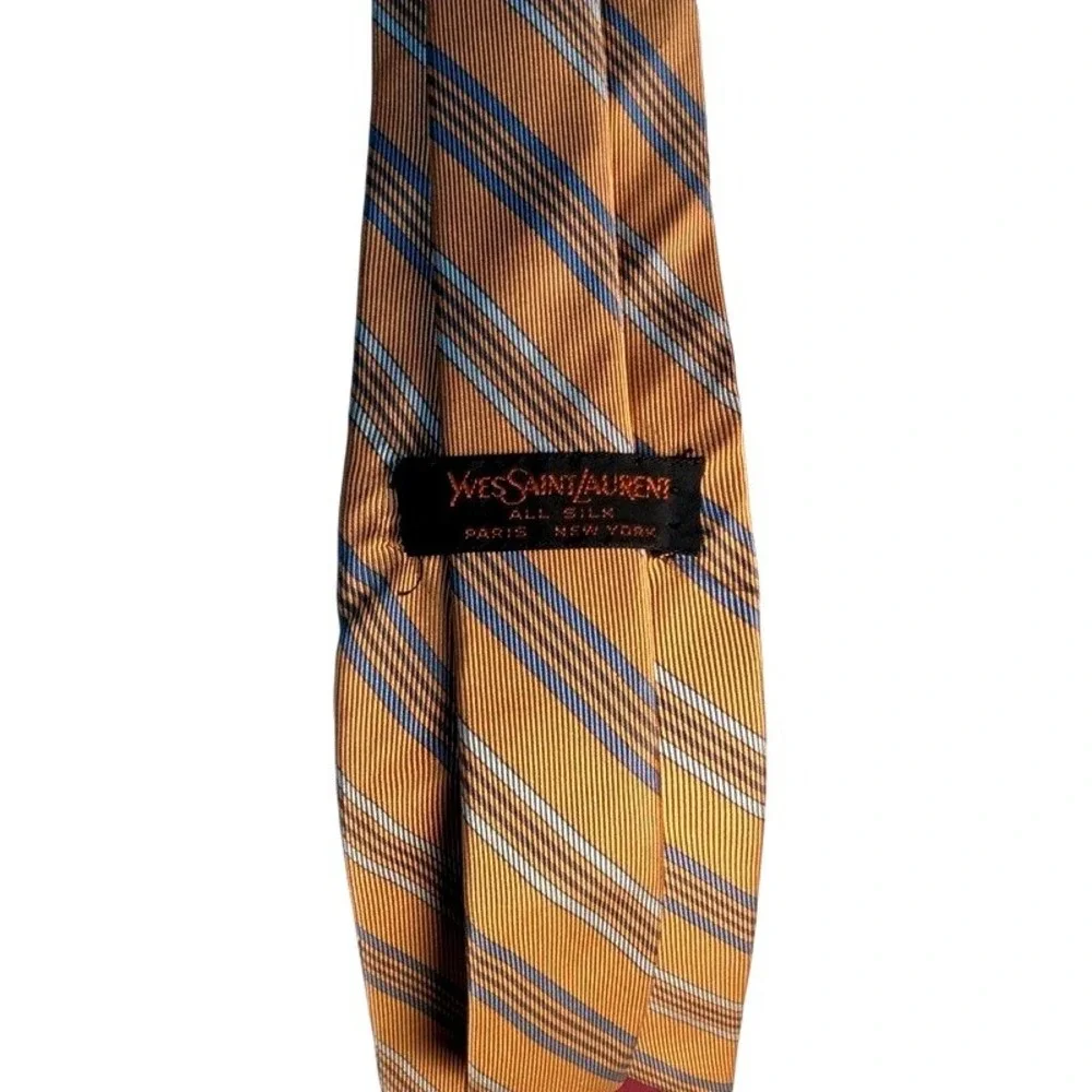 Yves Saint Laurent Tie Men OS Gold/Blue/Silver Striped Silk Classic Necktie~VTG.